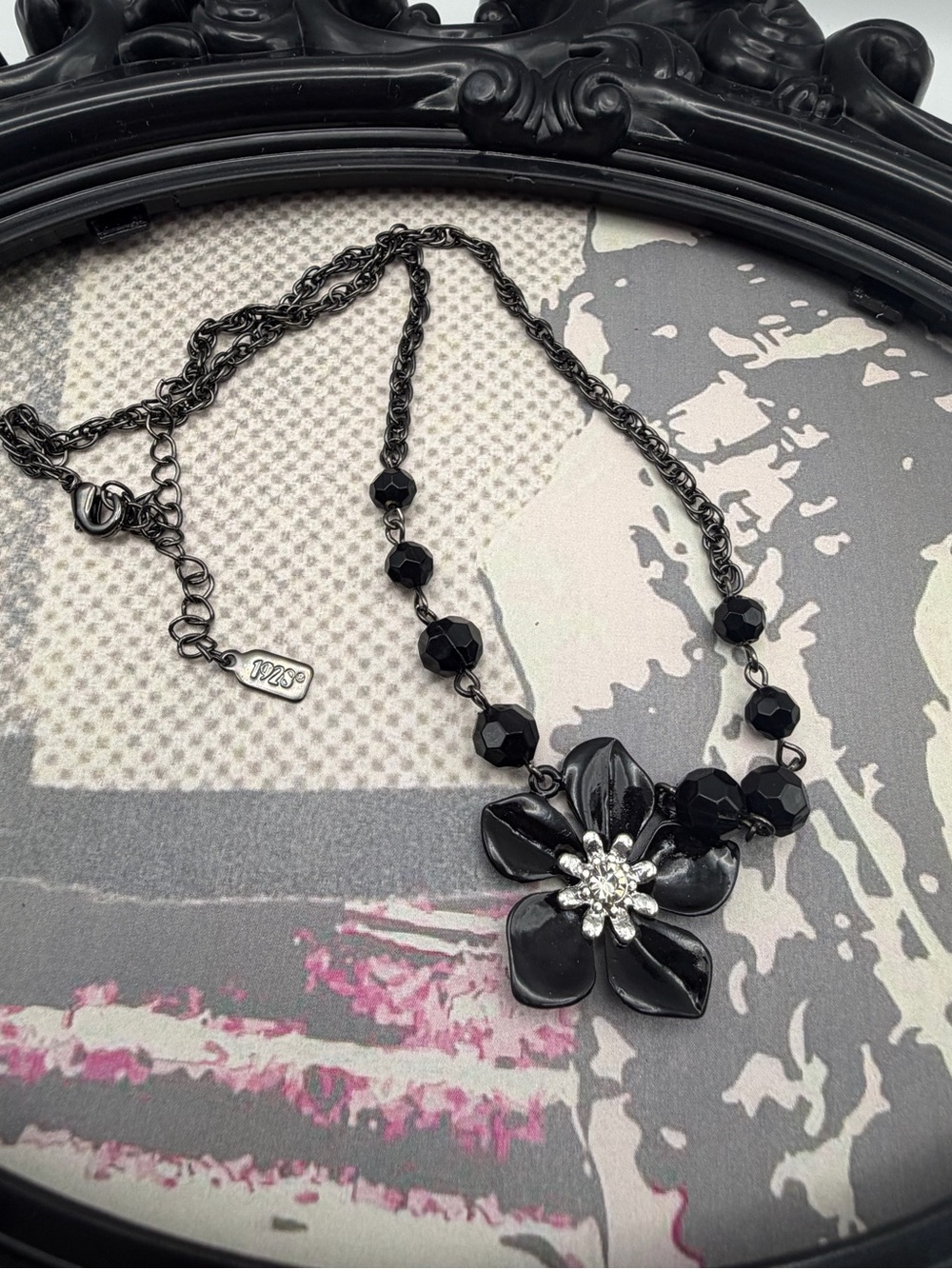 1928 Black Floral Crystal Accent Necklace